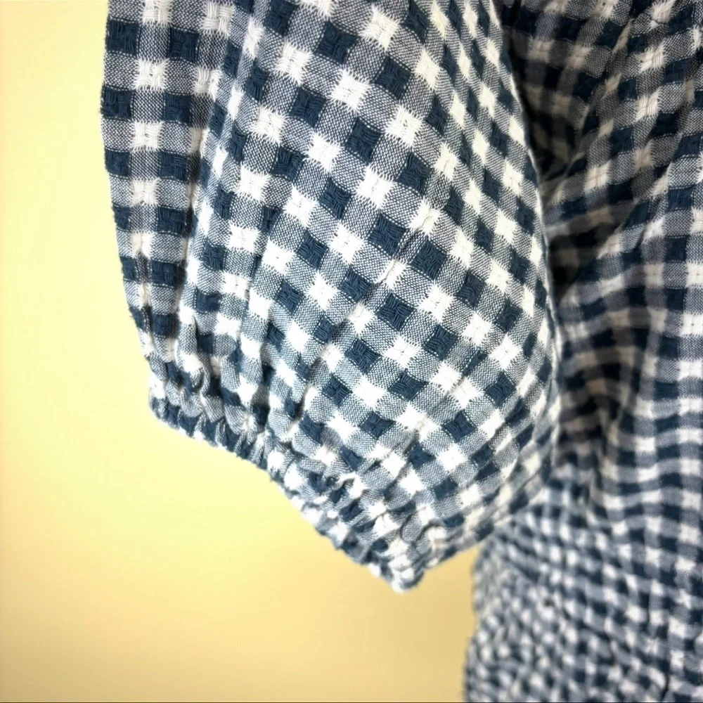 Madewell Black and White Gingham Smocked Peplum Blouse